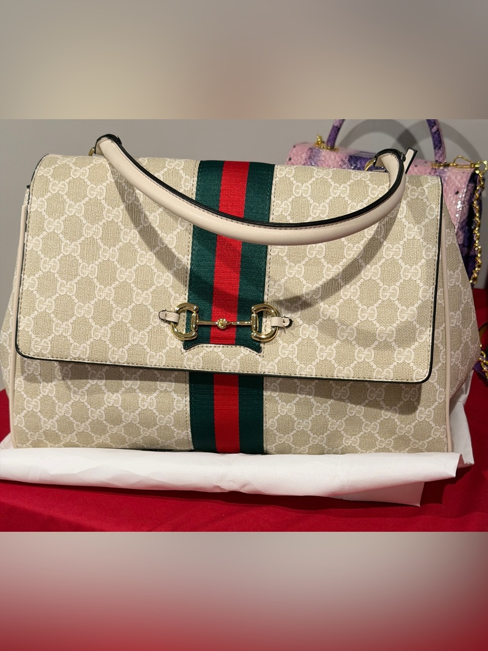 Beige Supreme Canvas Shoulder Bag with Green-Red and Gold Hardware